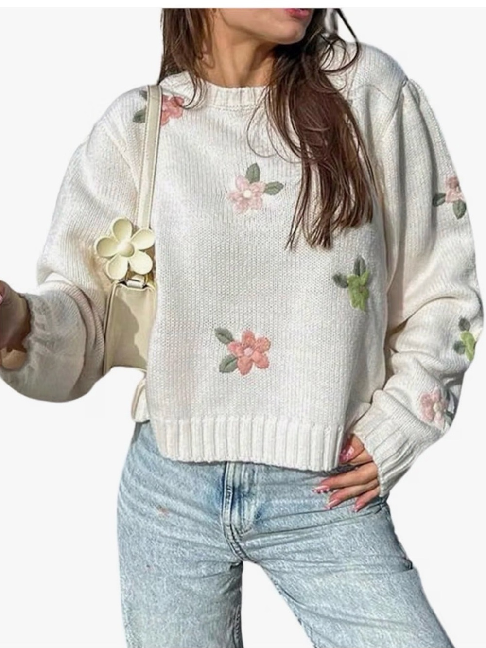 BEAUDRM Women's Floral Sweaters Ligthtweight Oversized Embroidered Sweater Long